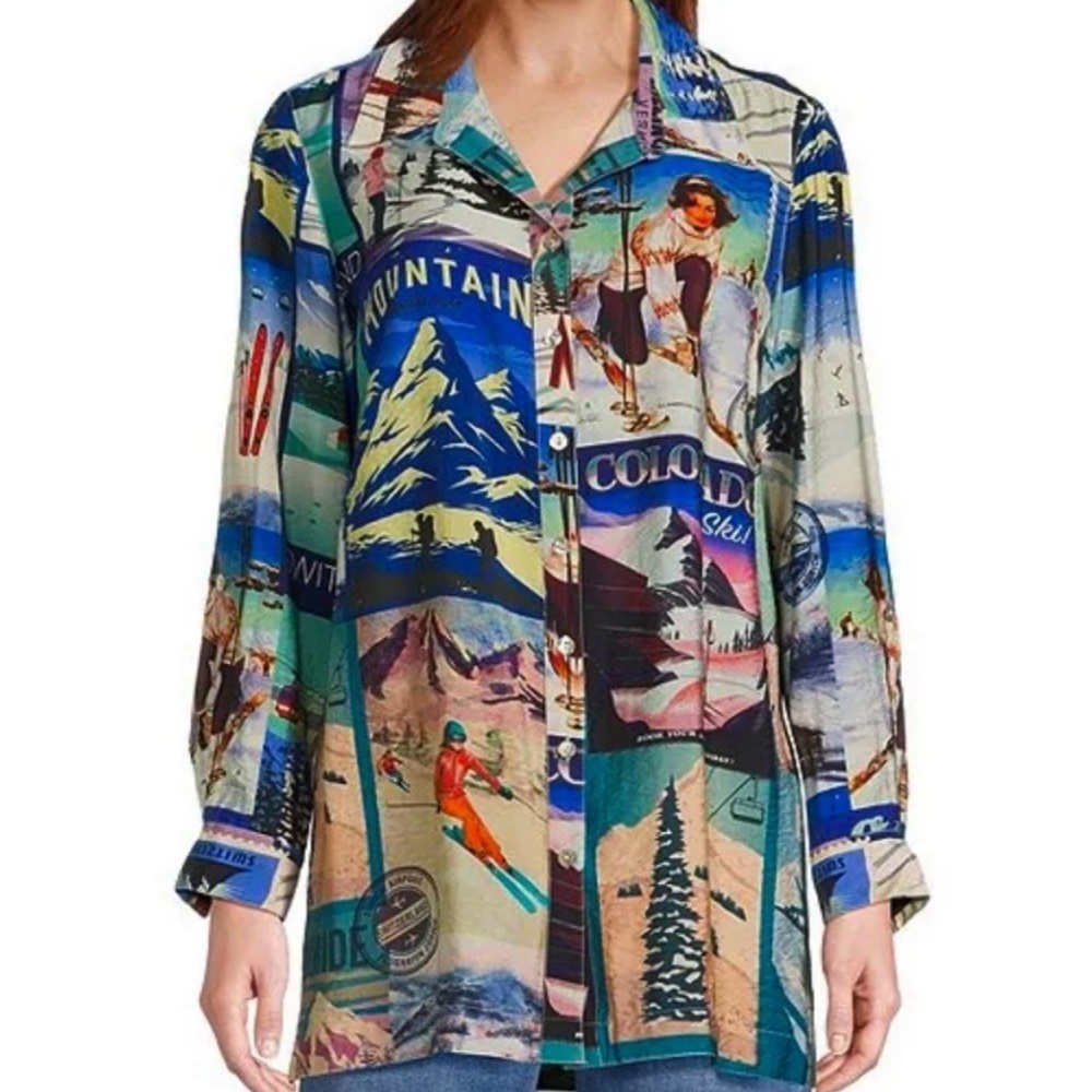 NWT John Mark Novelty Travel Ski Hike Patterned Button Front Top Medium Petite